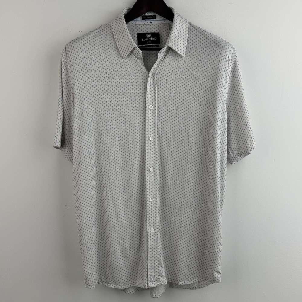 Butter Cloth Performance Polo Shirt Mens L White Geometric Icy Bamboo Luxe Golf